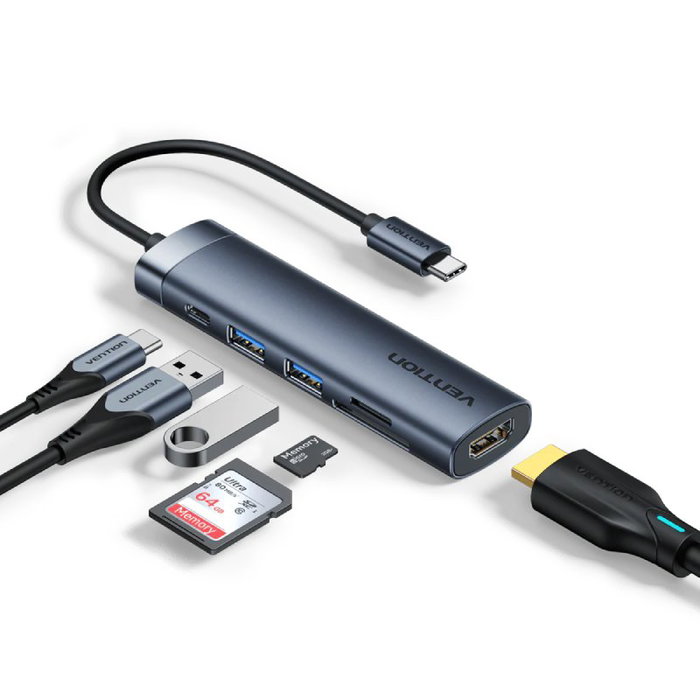 Vention Docking USB Tipo-C con 1x HDMI 4K, 2x USB, 1x USB Tipo-C PD Gris